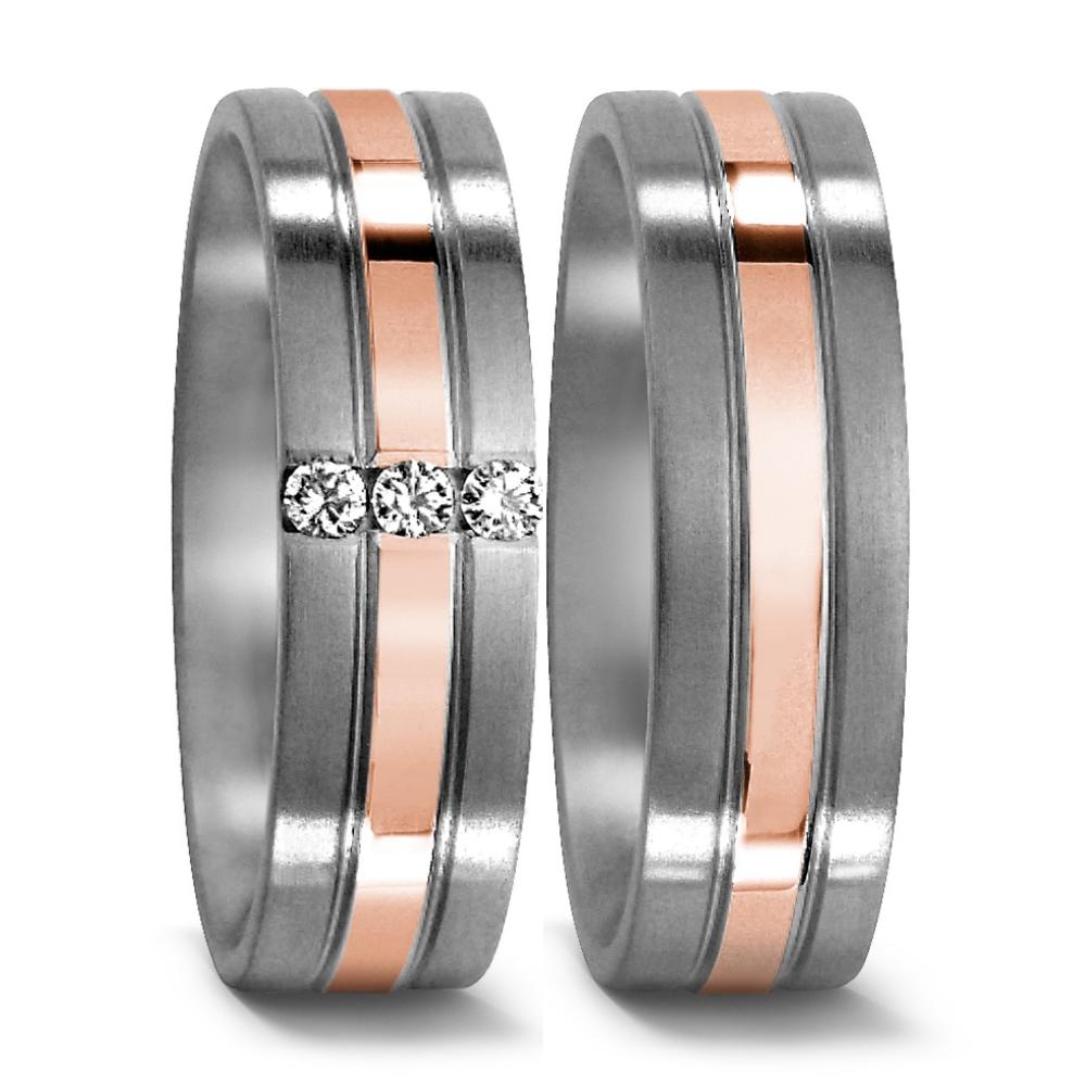 obrączka partnerska tytan, złoto czerwone 750/18 K Diament 0.06 ct, 3 kamienie, w-si