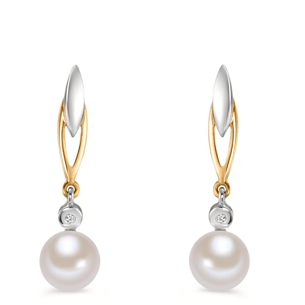 kolczyki wiszące złoto żółte 375/9 K Diament 0.01 ct, 2 kamienie, w-si Perła hodowana w wodzie słodkiej biały, 2 Perły 6-6.5 mm