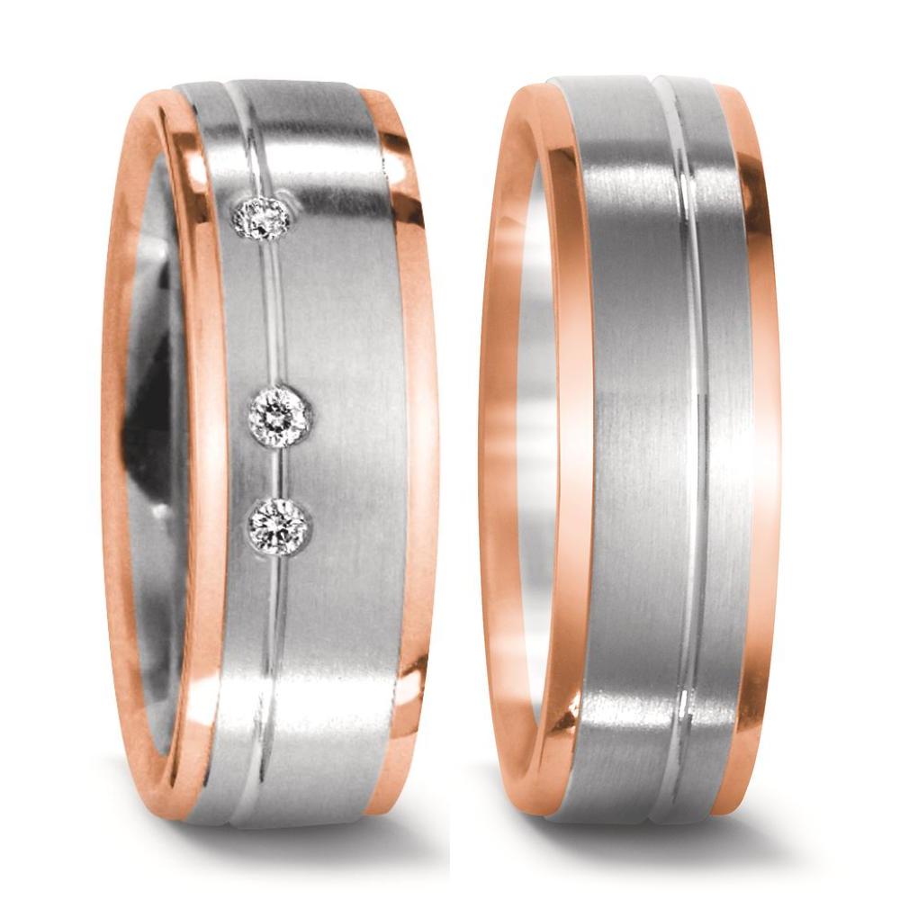 obrączka partnerska złoto białe 750/18 K, złoto czerwone 750/18 K Diament 0.06 ct, 3 kamienie, w-si