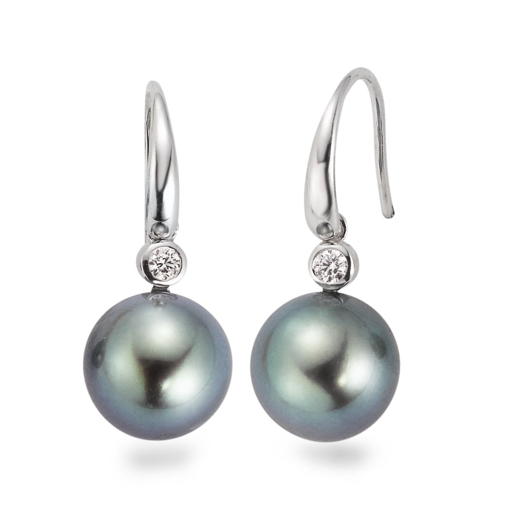 kolczyki wiszące złoto białe 750/18 K Diament 0.09 ct, 2 kamienie, w-si Perła tahitańska szary, 2 Perły, 10 mm