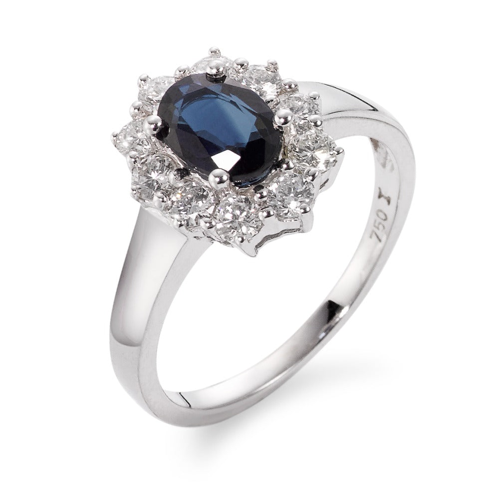 pierścionek złoto białe 750/18 K Szafir niebieski, 0.88 ct, Diament 0.555 ct, 10 kamienie, w-si