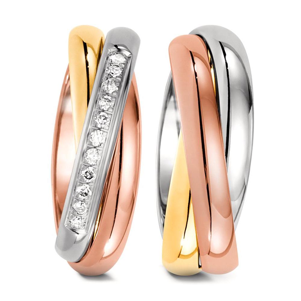 obrączka partnerska złoto żółte 750/18 K, złoto czerwone 750/18 K, złoto białe 750/18 K Diament 0.11 ct, 11 kamienie, w-si