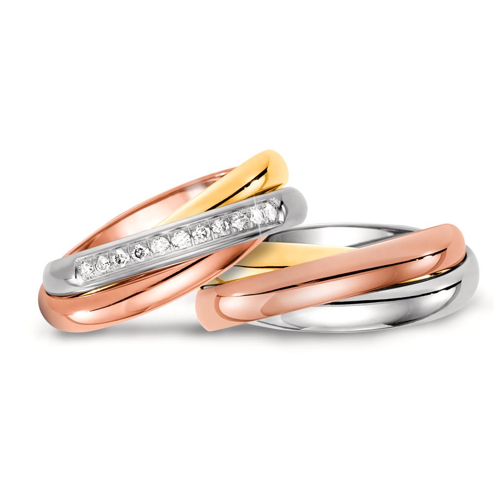 obrączka partnerska złoto żółte 750/18 K, złoto czerwone 750/18 K, złoto białe 750/18 K Diament 0.11 ct, 11 kamienie, w-si