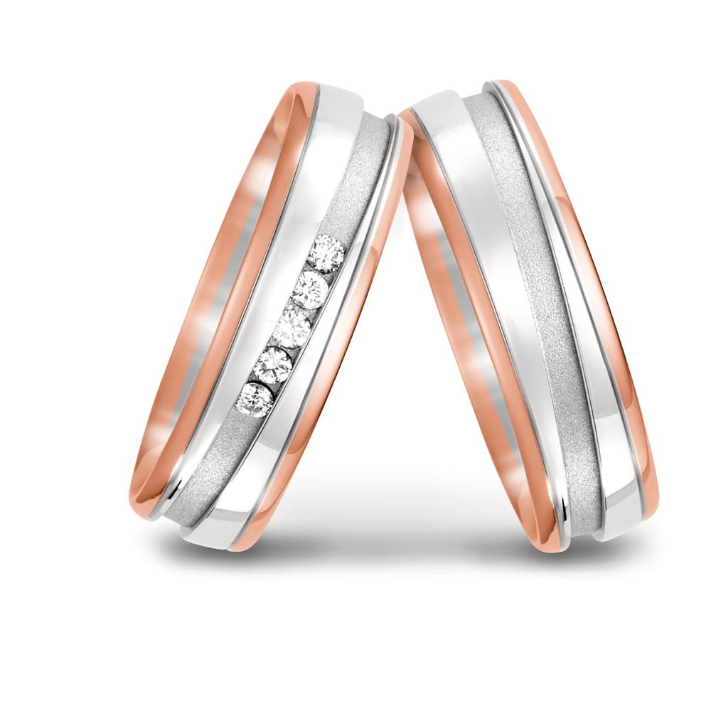 obrączka partnerska złoto czerwone 750/18 K, złoto białe 750/18 K Diament 0.10 ct, 5 kamienie, w-si