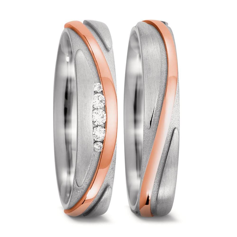 obrączka partnerska złoto białe 750/18 K, złoto czerwone 750/18 K Diament 0.06 ct, 5 kamienie, w-si