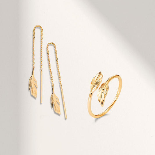 pierścionek brąz żółty pozłacany Pióro