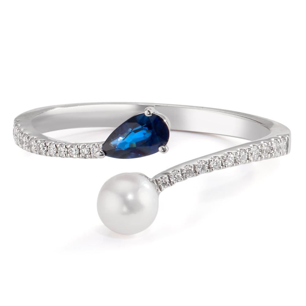 pierścionek złoto białe 750/18 K Diament 0.105 ct, w-si, Szafir Perły Akoya 3.5-4 mm