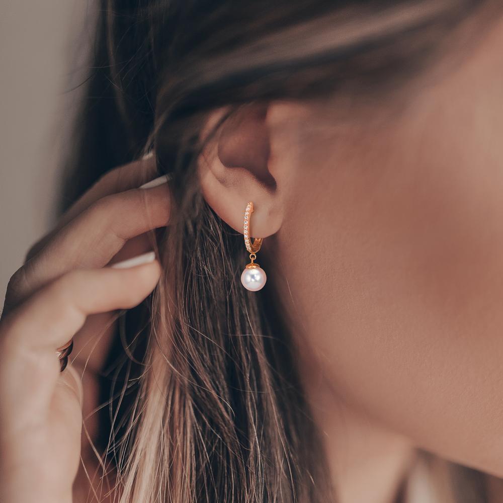 kolczyki koła zatrzaskowe złoto czerwone 750/18 K Diament 0.09 ct, 22 kamienie, tw-si Perły Akoya, 2 Perły 6-6.5 mm