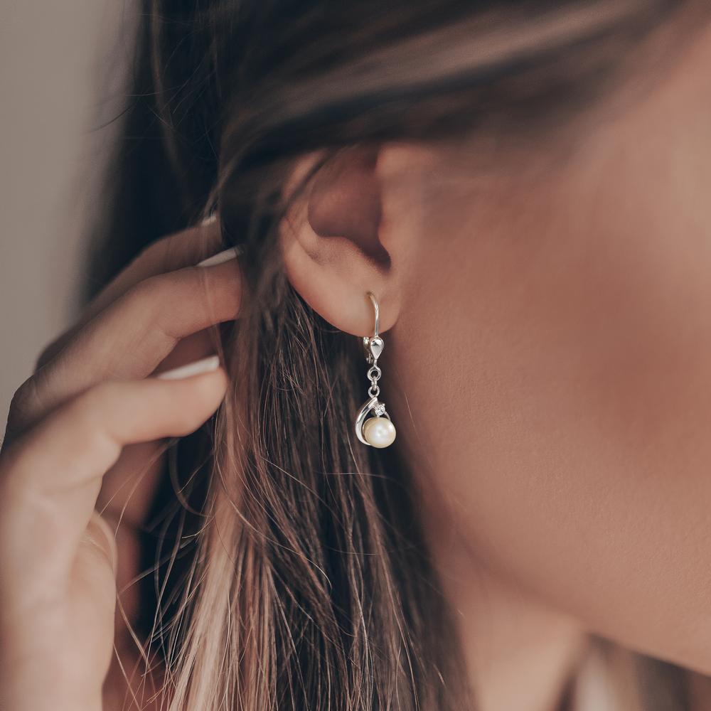 kolczyki wiszące srebro Cyrkonia 2 kamienie rodowany Perła hodowana w wodzie słodkiej, 2 Perły, 5.5 mm