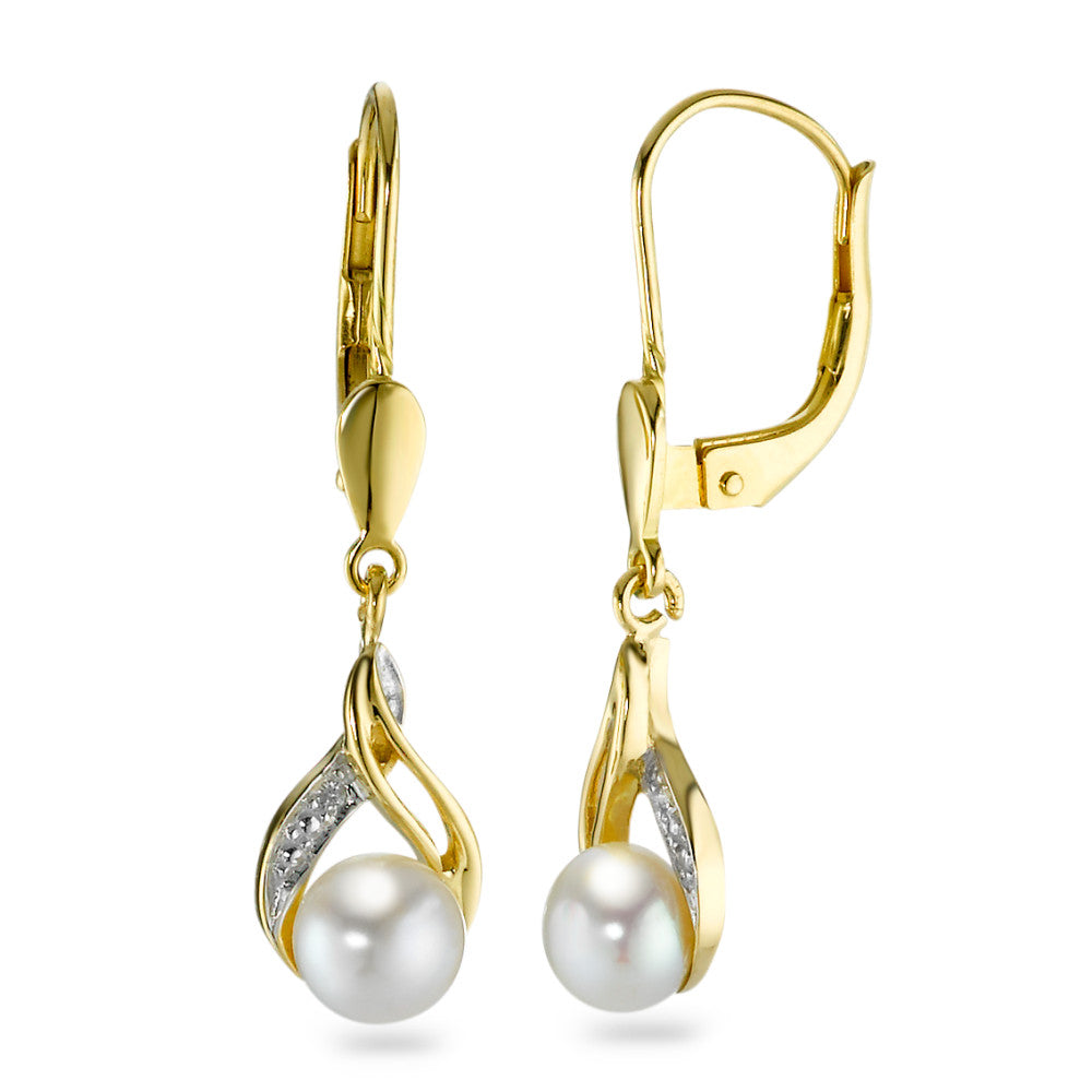 kolczyki wiszące złoto żółte 750/18 K Diament 0.008 ct, w-si Perła hodowana w wodzie słodkiej biały, 2 Perły, 5 mm