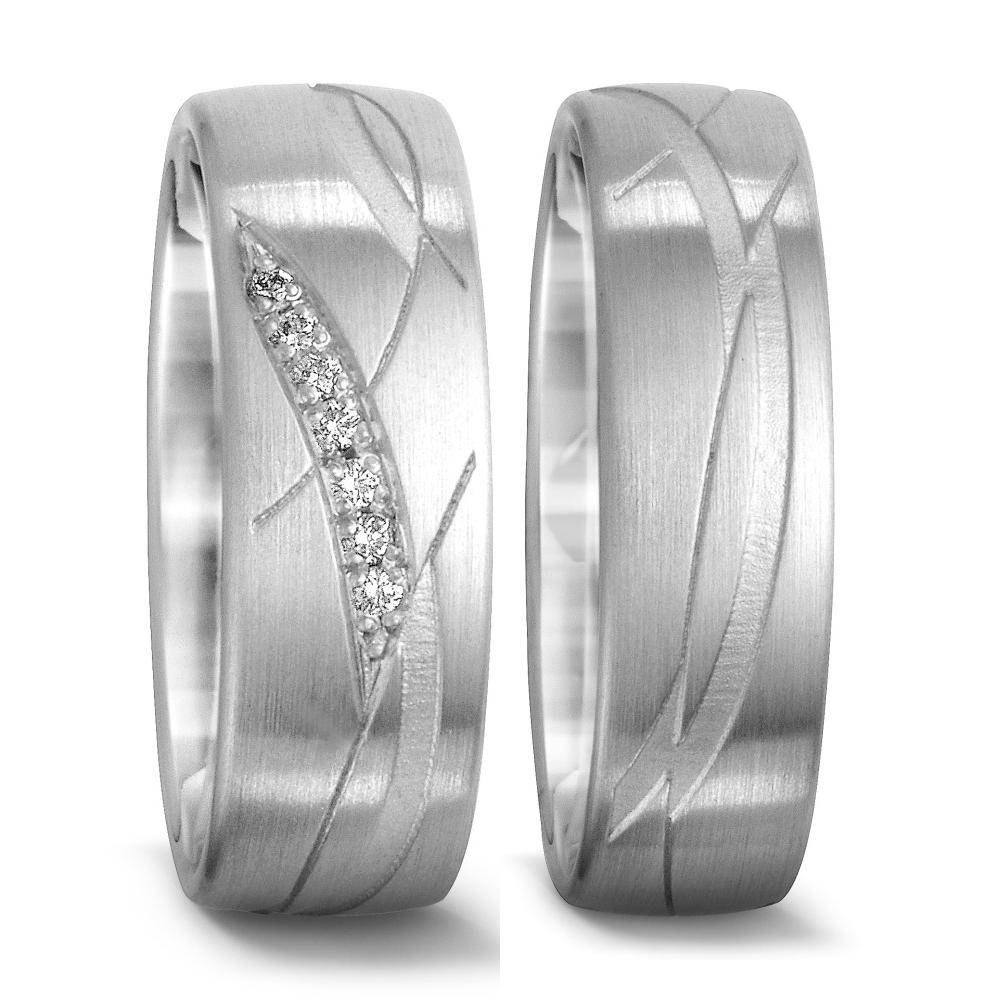 obrączka partnerska złoto białe 750/18 K Diament 0.035 ct, 7 kamienie, tw-si