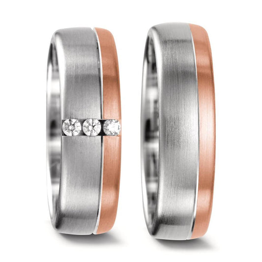 obrączka partnerska złoto białe 750/18 K, złoto czerwone 750/18 K Diament 0.075 ct, 3 kamienie, tw-vsi