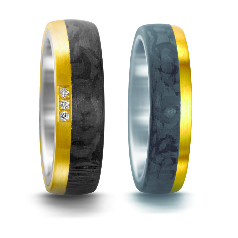 obrączka partnerska stal nierdzewna, złoto żółte 750/18 K, węgiel Diament 0.03 ct, 3 kamienie, w-si