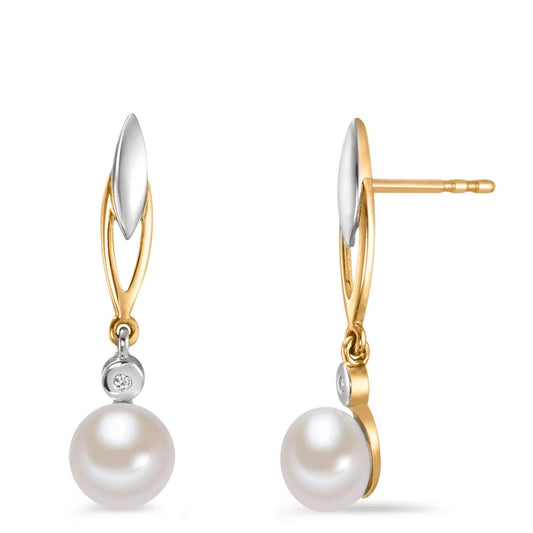 kolczyki wiszące złoto żółte 375/9 K Diament 0.01 ct, 2 kamienie, w-si Perła hodowana w wodzie słodkiej biały, 2 Perły 6-6.5 mm