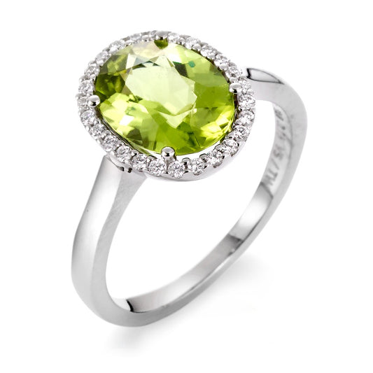 pierścionek złoto białe 750/18 K Perydot zielony, Diament 0.15 ct, 26 kamienie, tw-vsi