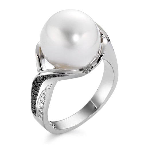 pierścionek złoto białe 750/18 K Diament czarny, 0.24 ct, 44 kamienie, [Brillant], tw-vsi Perła hodowana w wodzie słodkiej biały, 12 mm