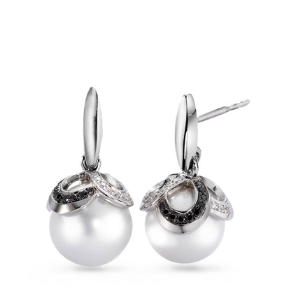 kolczyki wiszące złoto białe 750/18 K Diament czarny, 0.32 ct, 80 kamienie, [Brillant], tw-vsi Perła hodowana w wodzie słodkiej biały, 2 Perły, 10 mm