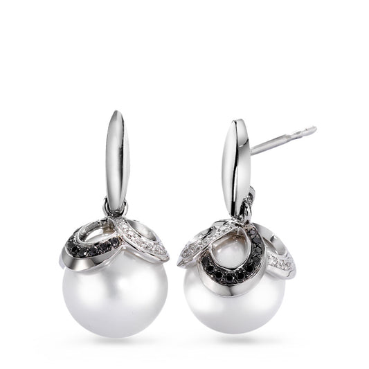 kolczyki wiszące złoto białe 750/18 K Diament czarny, 0.32 ct, 80 kamienie, [Brillant], tw-vsi Perła hodowana w wodzie słodkiej biały, 2 Perły, 10 mm