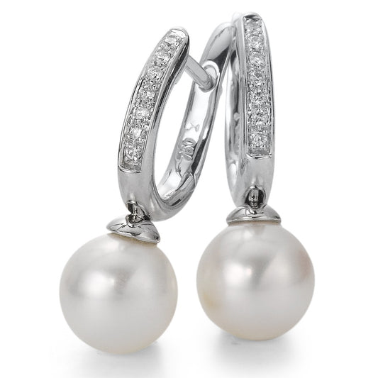 kolczyki koła zatrzaskowe złoto białe 750/18 K Diament 0.08 ct, 14 kamienie, w-si Perła hodowana w wodzie słodkiej