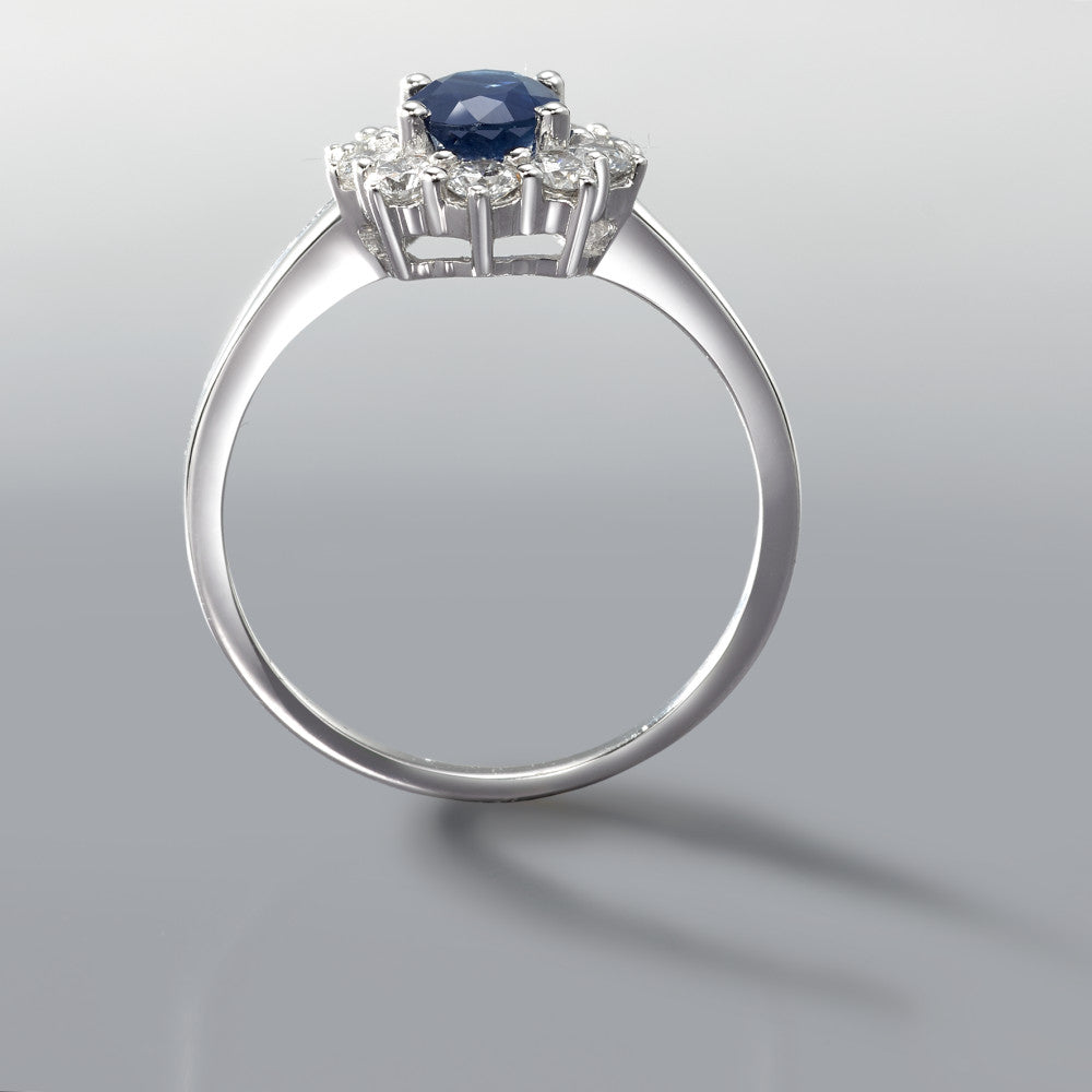 pierścionek złoto białe 750/18 K Szafir niebieski, 0.88 ct, Diament 0.555 ct, 10 kamienie, w-si