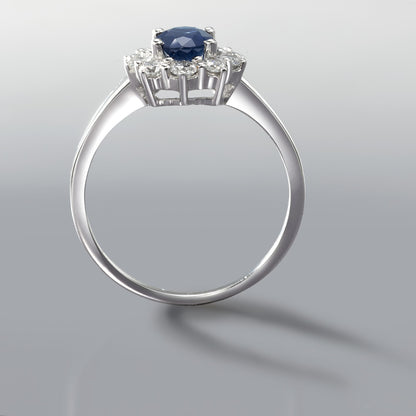 pierścionek złoto białe 750/18 K Szafir niebieski, 0.88 ct, Diament 0.555 ct, 10 kamienie, w-si