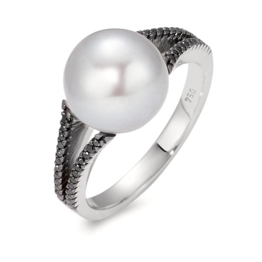 pierścionek złoto białe 750/18 K Diament czarny, 0.19 ct, 48 kamienie, [Achtkant] Perła hodowana w wodzie słodkiej, 10.5 mm