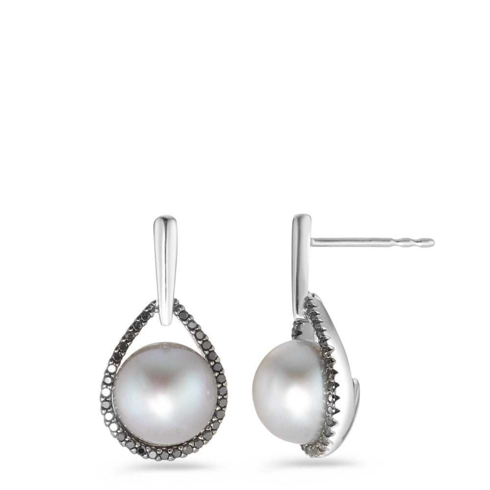 kolczyki wiszące złoto białe 750/18 K Diament czarny, 0.24 ct, 62 kamienie, [Achtkant] Perła hodowana w wodzie słodkiej biały, 2 Perły, 8.5 mm