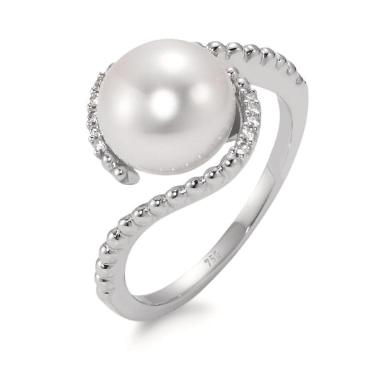 pierścionek złoto białe 750/18 K Diament biały, 0.045 ct, 10 kamienie, [Brillant], w-si Perła hodowana w wodzie słodkiej