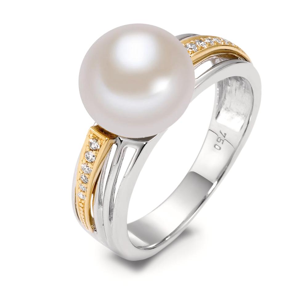 pierścionek złoto żółte 750/18 K, złoto białe 750/18 K Diament biały, 0.06 ct, 12 kamienie, [Brillant], w-si Perła hodowana w wodzie słodkiej biały 9.5-10 mm