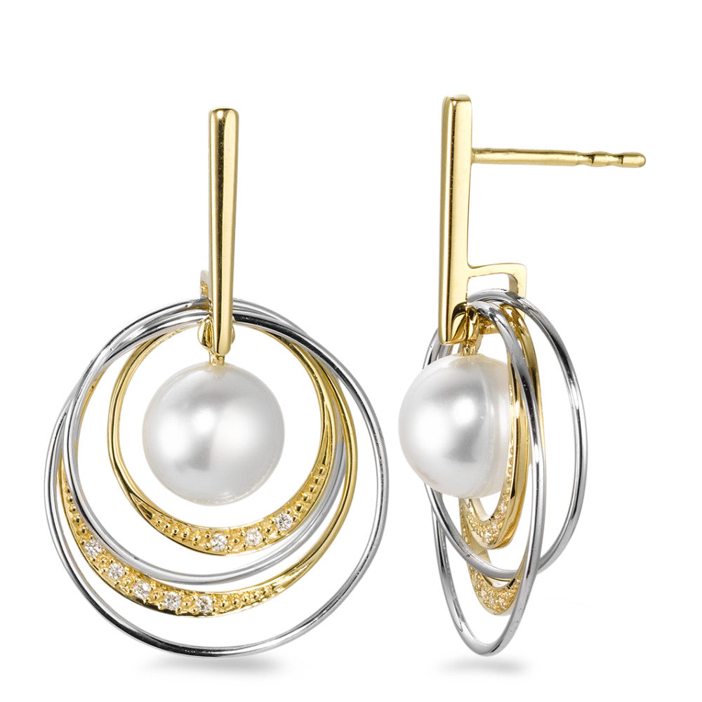 kolczyki wiszące złoto żółte 750/18 K, złoto białe 750/18 K Diament biały, 0.05 ct, 16 kamienie, [Brillant], w-si Perła hodowana w wodzie słodkiej, 7.5 mm