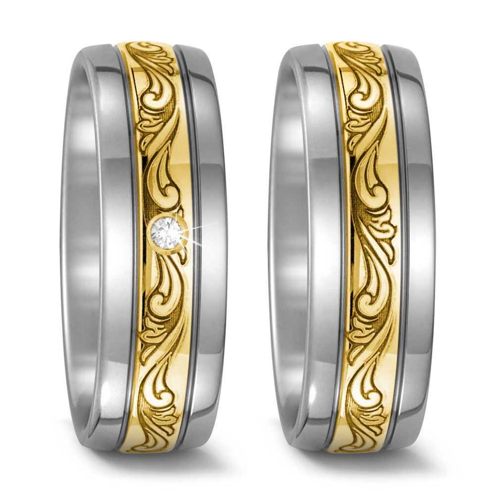 obrączka partnerska tytan, złoto żółte 750/18 K Diament 0.03 ct, w-si
