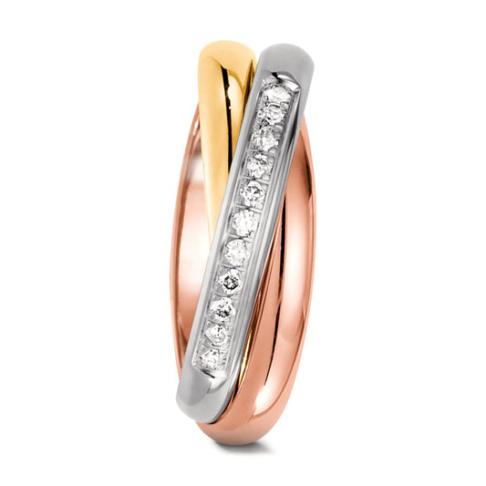 obrączka partnerska złoto żółte 750/18 K, złoto czerwone 750/18 K, złoto białe 750/18 K Diament 0.11 ct, 11 kamienie, w-si