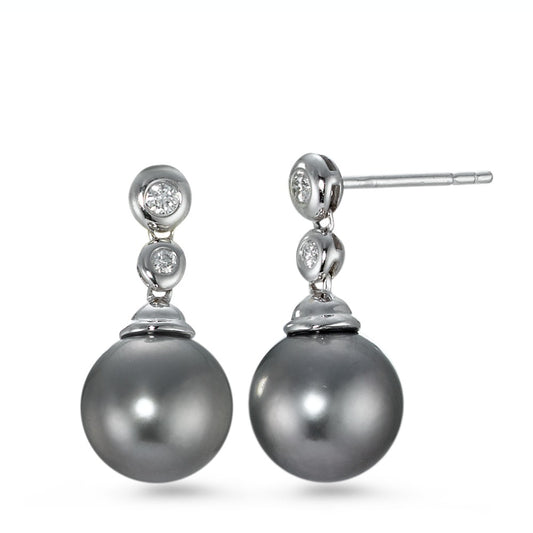 kolczyki wiszące złoto białe 750/18 K Diament 0.09 ct, 4 kamienie, w-si Perła tahitańska szary, 2 Perły, 10 mm