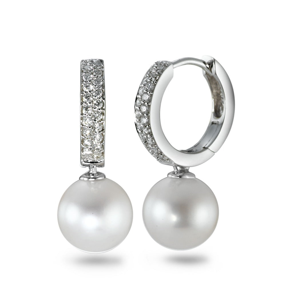 kolczyki koła zatrzaskowe złoto białe 750/18 K Diament 0.23 ct, 38 kamienie, w-si Perła hodowana w wodzie słodkiej biały, 2 Perły, 8 mm