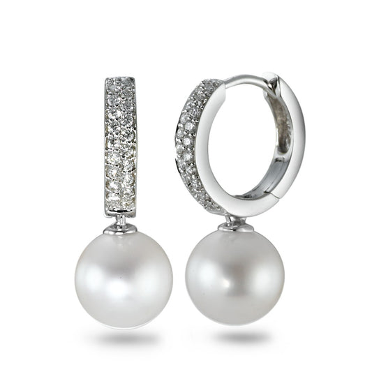 kolczyki koła zatrzaskowe złoto białe 750/18 K Diament 0.23 ct, 38 kamienie, w-si Perła hodowana w wodzie słodkiej biały, 2 Perły, 8 mm