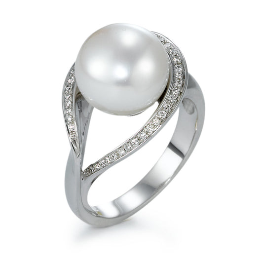 pierścionek złoto białe 750/18 K Diament 0.13 ct, 40 kamienie, w-si Perła hodowana w wodzie słodkiej biały, 11 mm