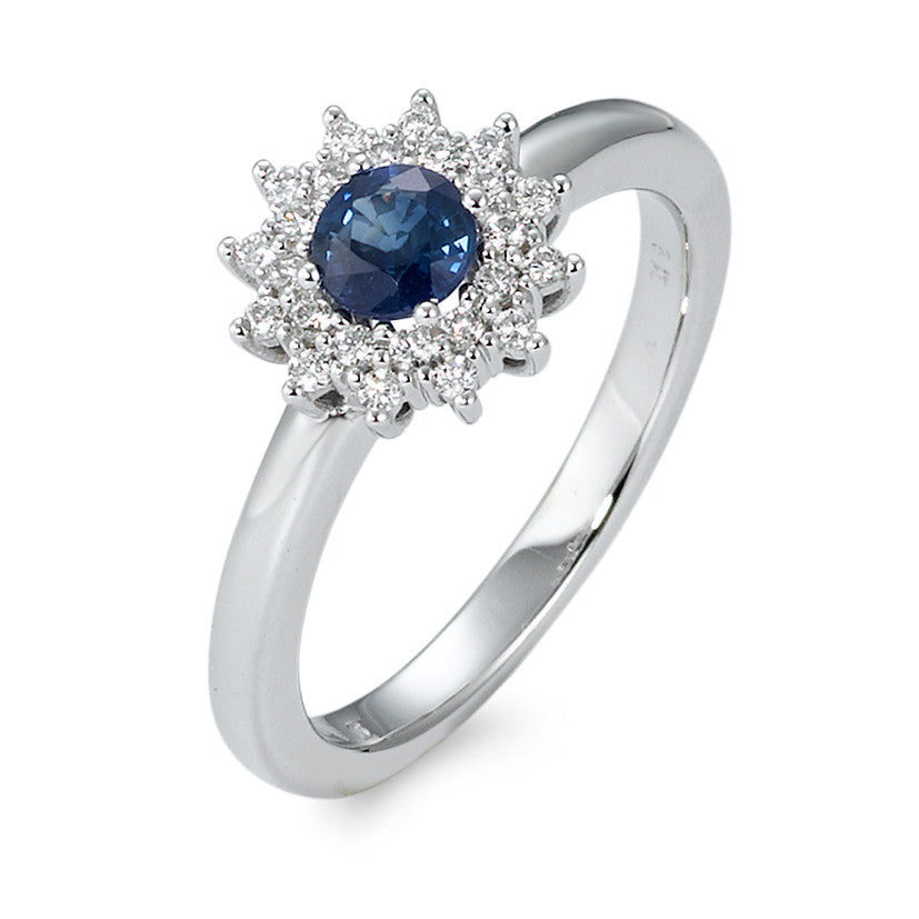 pierścionek złoto białe 750/18 K Szafir niebieski, Diament biały, 0.19 ct, 25 kamienie, [Brillant], w-si