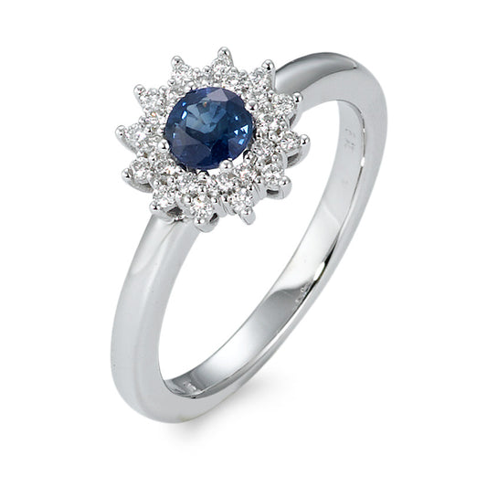 pierścionek złoto białe 750/18 K Szafir niebieski, Diament biały, 0.19 ct, 25 kamienie, [Brillant], w-si