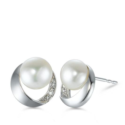kolczyki wkrętki złoto białe 750/18 K Diament 0.02 ct, 4 kamienie, [Brillant], w-si Perła hodowana w wodzie słodkiej biały, 2 Perły 7.5-8 mm Ø10 mm
