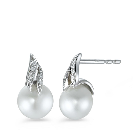 kolczyki wkrętki złoto białe 750/18 K Diament 0.05 ct, 12 kamienie, [Brillant], w-si Perła hodowana w wodzie słodkiej 6.5-7 mm