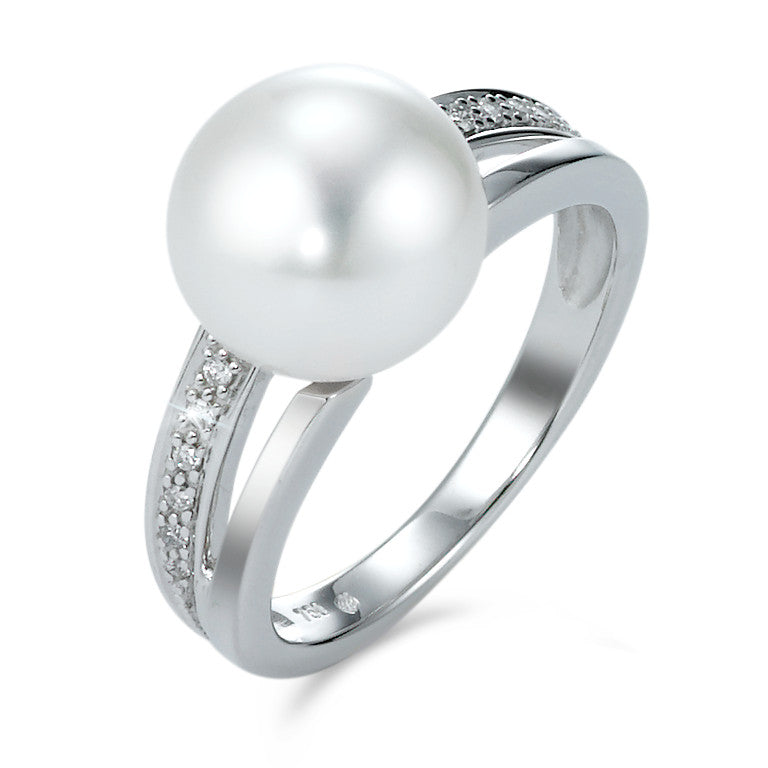 pierścionek złoto białe 750/18 K Diament 0.06 ct, 12 kamienie, [Brillant], w-si Perła hodowana w wodzie słodkiej