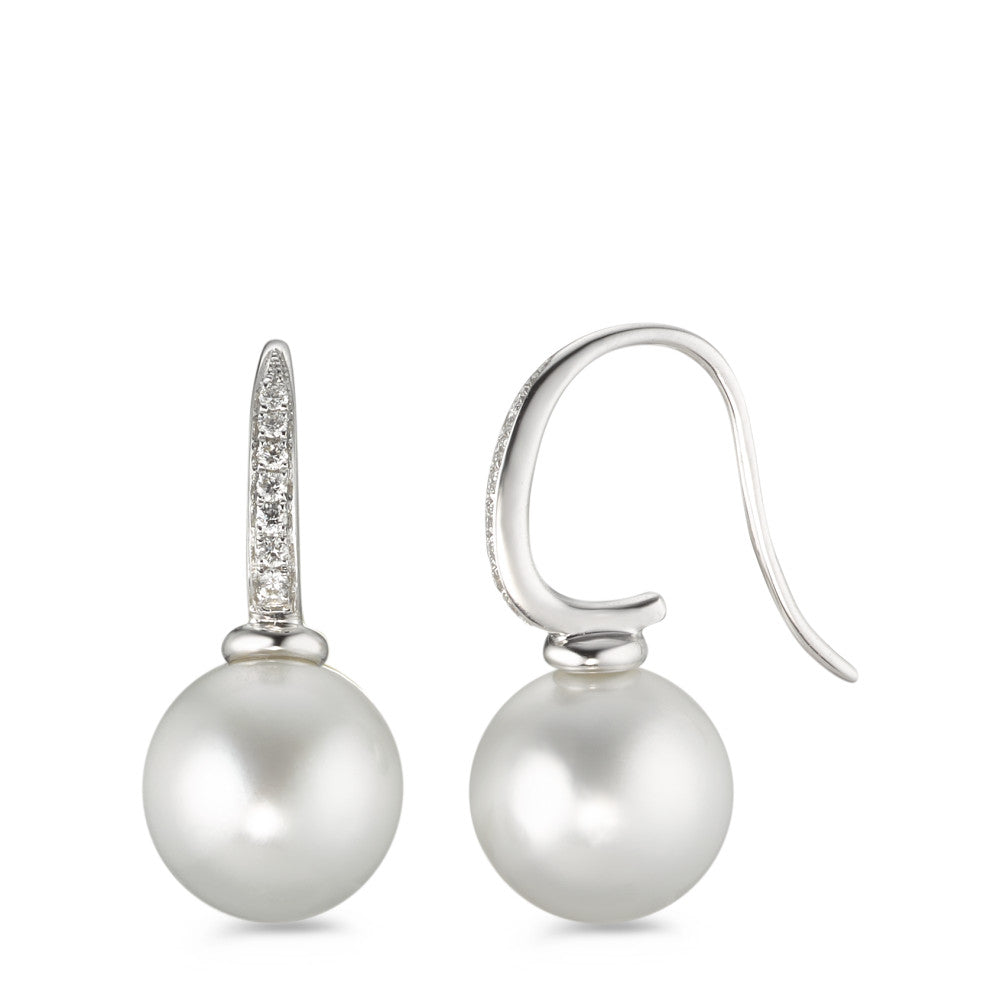 kolczyki wiszące złoto białe 750/18 K Diament 0.14 ct, 14 kamienie, w-si Perła tahitańska biały, 2 Perły, 10 mm