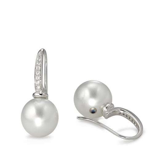kolczyki wiszące złoto białe 750/18 K Diament 0.14 ct, 14 kamienie, w-si Perła tahitańska biały, 2 Perły, 10 mm