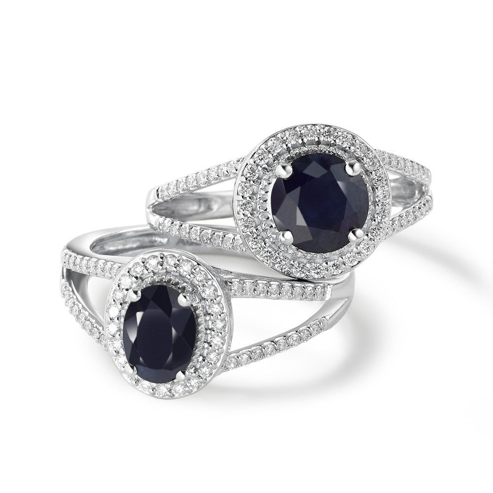 pierścionek złoto białe 375/9 K Szafir niebieski, 1.76 ct, [rund], AAA, Diament biały, 0.23 ct, 12 kamienie, w-pi3