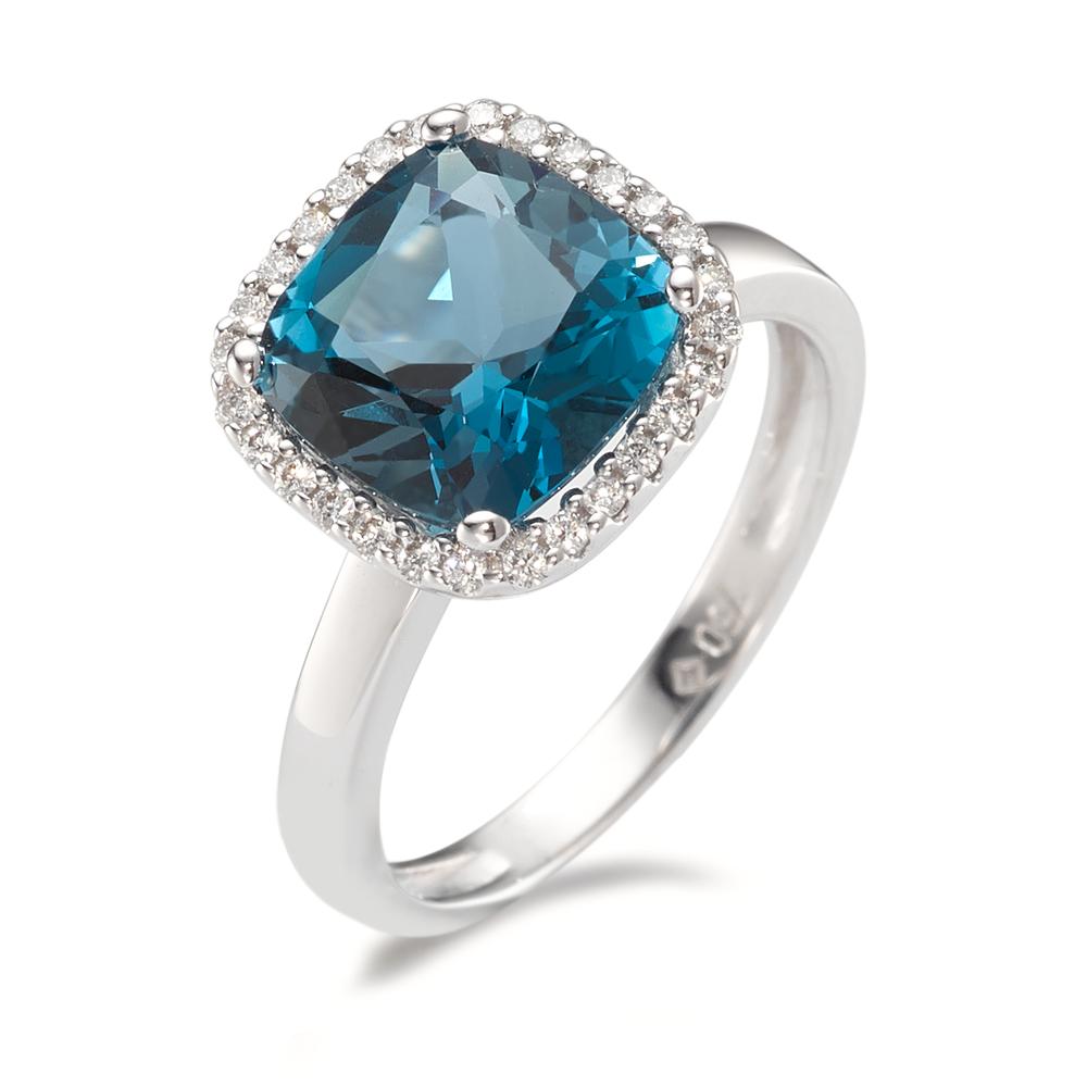 pierścionek złoto białe 750/18 K Topaz London Blue, Diament 0.14 ct, 28 kamienie, [Brillant], w-si