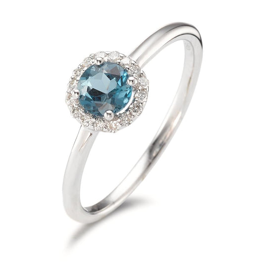 pierścionek złoto białe 750/18 K Topaz London Blue, Diament 0.11 ct, 16 kamienie, [Brillant], w-si