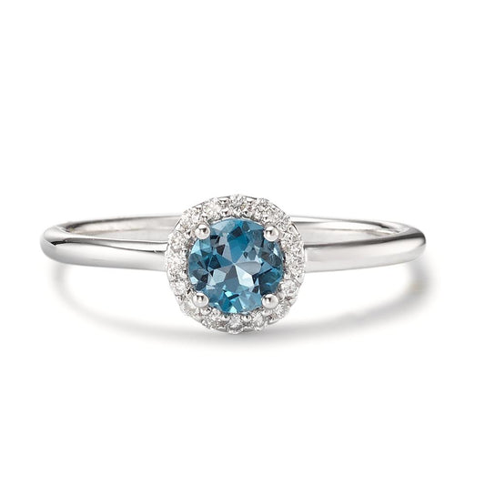 pierścionek złoto białe 750/18 K Topaz London Blue, Diament 0.11 ct, 16 kamienie, [Brillant], w-si