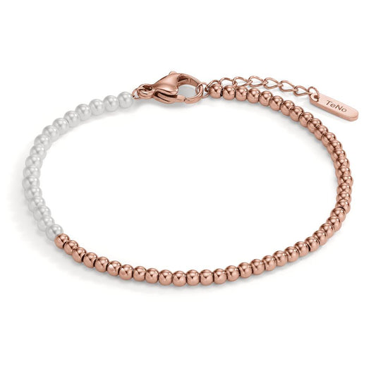 bransoletka stal nierdzewna róża Powłoka IP perła muszlowa biały, 17 Perły, 3 mm 17.5-19.5 cm Ø3 mm