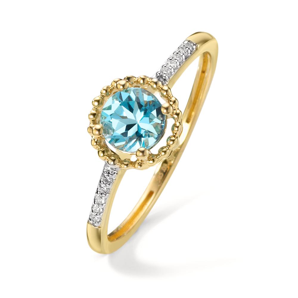 pierścionek złoto żółte 585/14 K Topaz niebieski, Diament 0.03 ct, 10 kamienie, w-si