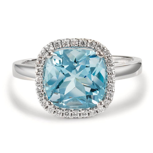 pierścionek złoto białe 750/18 K Diament 0.14 ct, w-si, Topaz niebieski, 0.69 ct Ø12 mm
